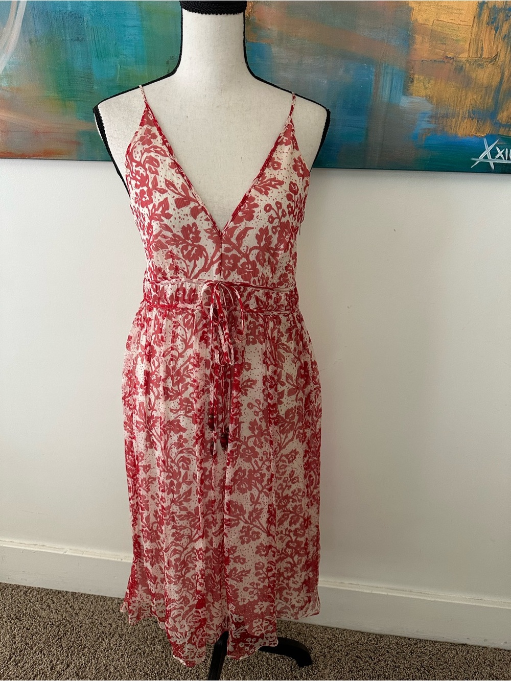 Laundry By Shelli Segal Red Cream Silk Chiffon Boho Midi Dress Small